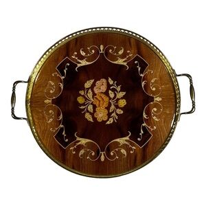 Italian Marquetry Inlaid Wooden Serving/Vanity Tray Floral w Brass Vintage 1950s